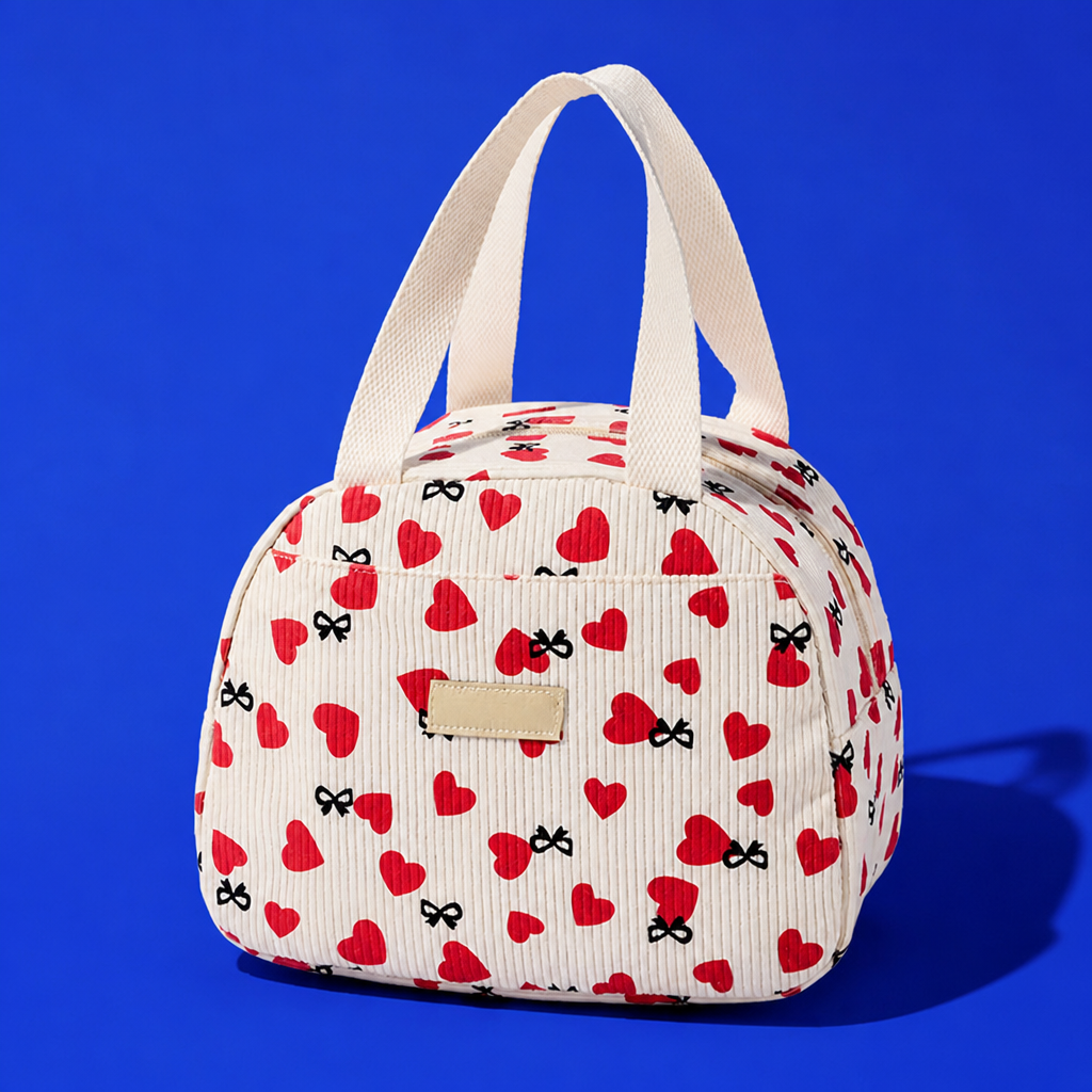 Red Hearts corduroy lunch bag