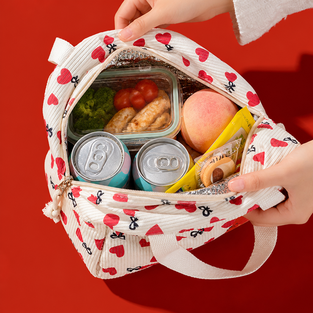 Open lunch bag with a meal-prep container, two cans, fruit and snacks