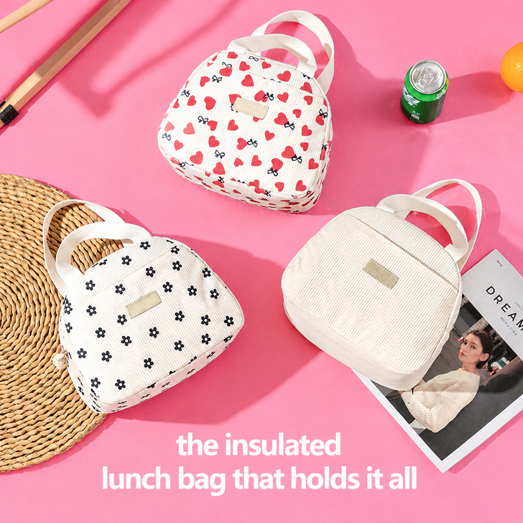 Three corduroy lunch bags on pink