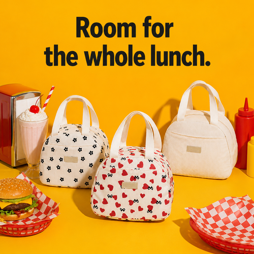 Three corduroy lunch bags: Black Daisies, Red Hearts, Mayo Cream