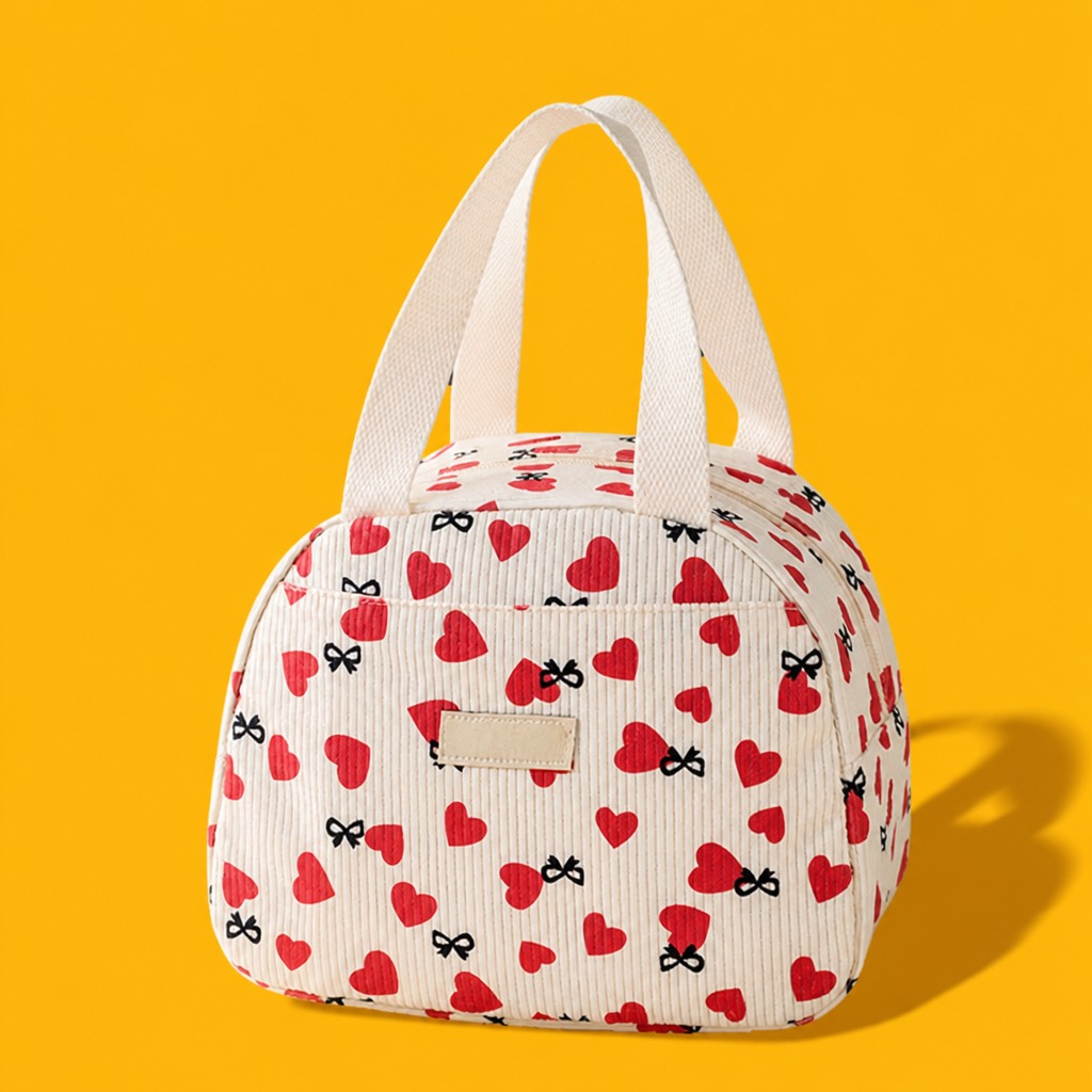 Red Hearts corduroy lunch bag on mustard