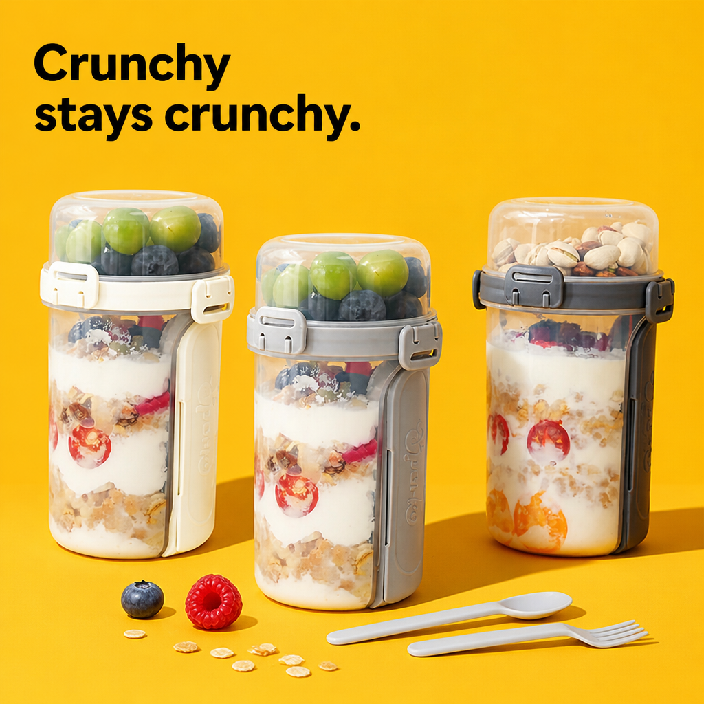 Three two-tier breakfast cups with yogurt and toppings