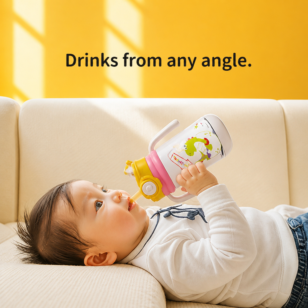 Toddler drinking lying down thanks to the weighted straw